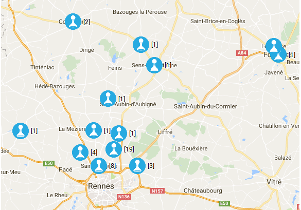 Carte de la répartition, par ville, des membres du club.